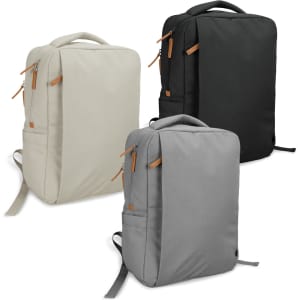 A backpack in grey, black, and cream, featuring zippers and a logo on the side.