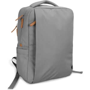 A grey backpack featuring multiple zippered pockets and orange accents, designed for daily use. It has adjustable straps.