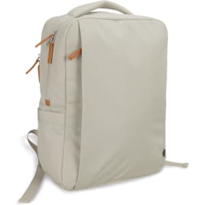 A beige backpack with a zippered pocket, shoulder straps, and a top handle, featuring a logo.