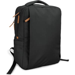 A black daily backpack with a sleek design, featuring multiple zippers and a logo on the front.