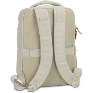 A beige backpack featuring mesh fabric, padded shoulder straps, and a top handle. It has an understated design and a logo.