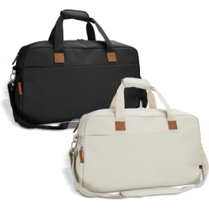 A black and white duffle bag with top handles and a detachable shoulder strap, featuring leather accents.