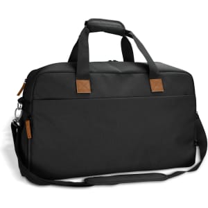 A black duffle bag with brown accents, featuring two handles and a removable shoulder strap. It has a logo on the front.