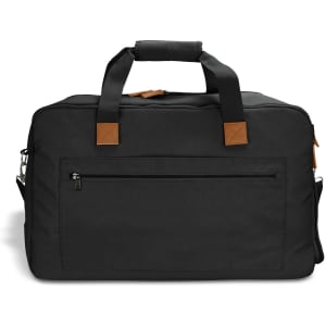 A black duffle bag with a leather trim and a front zipper pocket, featuring handles and a shoulder strap.