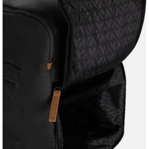 A black duffle bag with a zipped opening and a patterned interior, featuring a small leather tag.