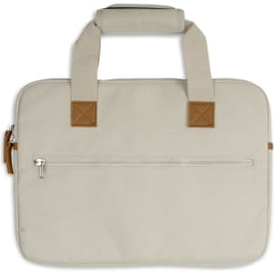A beige laptop bag with brown accents and dual handles, featuring a front zip pocket and a simple design.