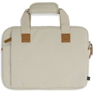 A beige laptop bag with brown accents, featuring a top handle and a zip closure. It has a logo on the side.