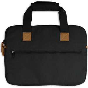 A black laptop bag featuring sturdy handles and a zippered pocket on the back, with brown accents.