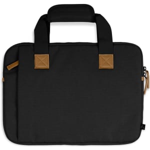 A black laptop bag with tan accents and two top handles, featuring a zipper closure and a textured surface.