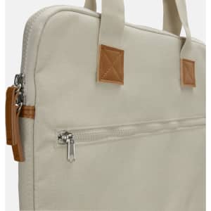 A beige laptop bag with tan accents and a front zip pocket. It features two sturdy handles.