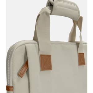 A laptop bag in light grey with tan accents and sturdy handles, featuring a minimalist design.