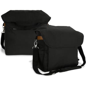A black messenger bag with a zippered front pocket, an adjustable strap, and a fold-over flap. Features a logo.