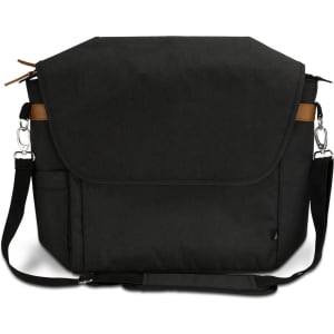 A black messenger bag with a flap, featuring brown accents and adjustable strap. Includes side pockets and branding.