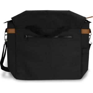 A black messenger bag with brown accents, featuring a zippered front pocket and an adjustable strap.