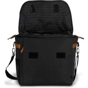 A black messenger bag with an open top, showing a patterned interior and tan detailing. It includes a shoulder strap and has a logo.