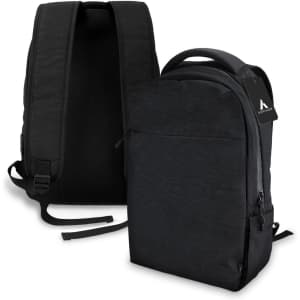 A black daily backpack with padded straps and a sleek design, featuring a logo on the front.
