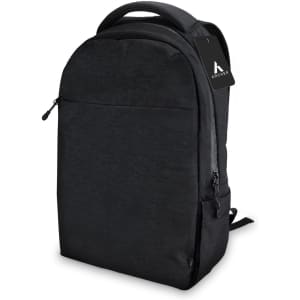 A black backpack with a sleek design, featuring a logo and a hang tag.