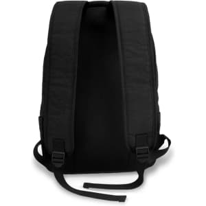 A black backpack featuring padded shoulder straps and a textured back panel. Includes a logo.