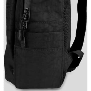 A black backpack featuring a side pocket and mesh detailing, with a zipper closure and shoulder straps.
