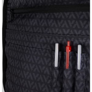 A black backpack interior featuring multiple pockets, including three pen holders and a zippered compartment.