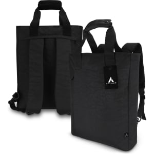 A black tot backpack with dual straps, featuring a logo and a simple, modern design.