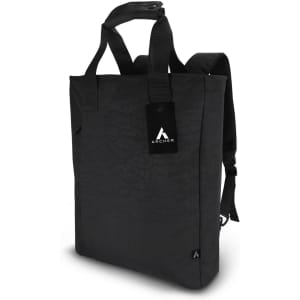 A black tote backpack featuring adjustable straps and a distinctive logo. The design is sleek and modern.