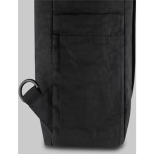 A black tasman toting pack with a side pocket and a metal loop for attachment.