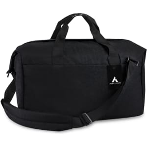 A black duffle bag with a shoulder strap, featuring handles and a logo tag.