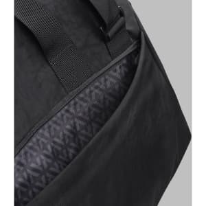 A black duffle bag featuring a patterned inner lining and adjustable straps. It has one visible pocket.