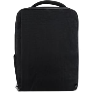 A black travel backpack with a simple design and a top handle. It features a logo.
