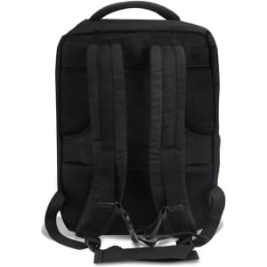 A black travel backpack with padded shoulder straps and a textured back panel featuring a logo.