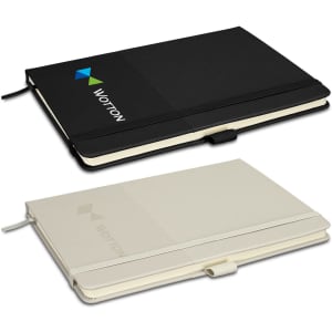A black and a cream recycled notebook with a logo, featuring a ribbon bookmark and an elastic closure.