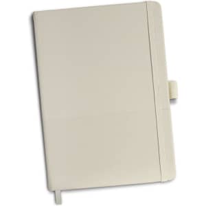 A cream-coloured notebook with a textured cover and elastic closure. It has a logo on the front.