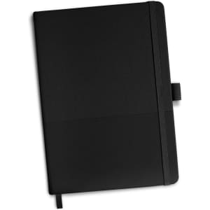 A black notebook with a textured cover and an elastic band for secure closure. It features a logo on the front.