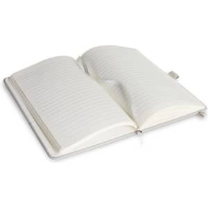 A recycled notebook with a grey cover, featuring blank lined pages and an overall minimalist design.