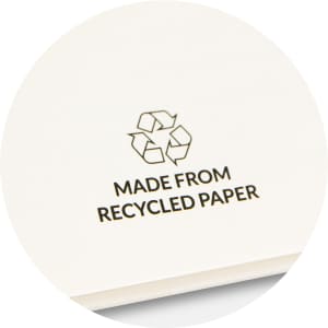 An off-white notebook featuring a recycling symbol and text indicating it is made from recycled paper.