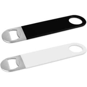 A drink bottle opener featuring a sleek black and white design with a metal opening end and a circular handle.