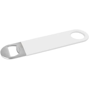 A drink bottle opener in white with a stainless steel end and a round handle. Features a logo.