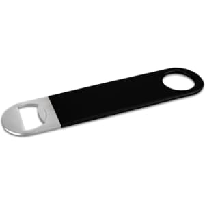 A drink bottle opener in black and silver, featuring a round hole and a metal bottle cap remover.