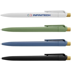 A collection of four pens in white, green, blue, and black, each featuring a logo.