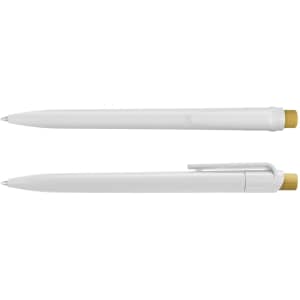 A white recycled plastic pen with a gold-coloured tip and clip, featuring a branding logo.