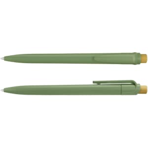 A green recycled plastic pen with a wooden clip and tip, featuring a logo. Two pens are displayed at different angles.