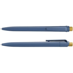 A blue recycled plastic pen with a yellow cap and clip, featuring a simple design and smooth writing tip.