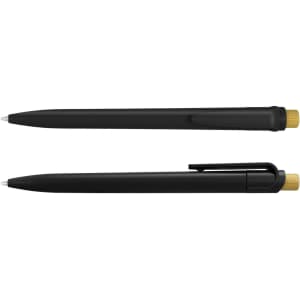A black pen with a gold clip and cap, featuring a simple design and a logo on the barrel.