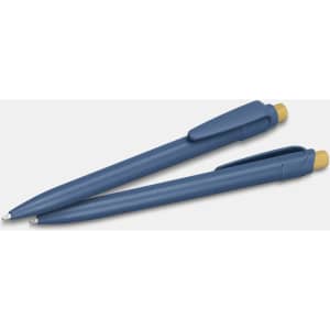 A blue recycled plastic pen with a yellow tip and a clip, positioned alongside another identical pen.