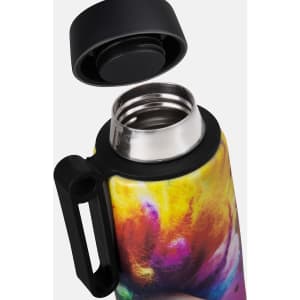 A drink bottle with a colourful design featuring shades of yellow, purple, and red, with a black lid and handle.