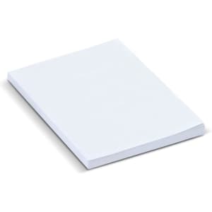 A white pad containing 50 sheets of recycled sticky notes, stacked neatly together. It features a brand logo.