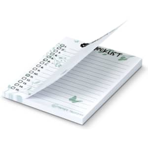 A recycled sticky pad in white with green accents, featuring 50 sheets and a checklist design.