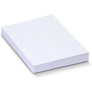 A stack of white recycled sticky pads measuring 100 x 75mm, containing 100 sheets. The pad has a simple design.