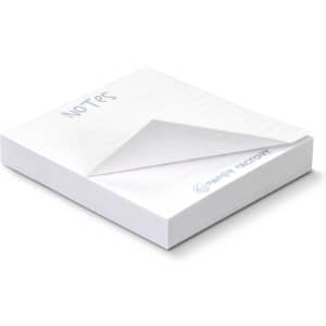 A white sticky notepad with a sheet slightly lifted, featuring lined pages and a logo on the corner.